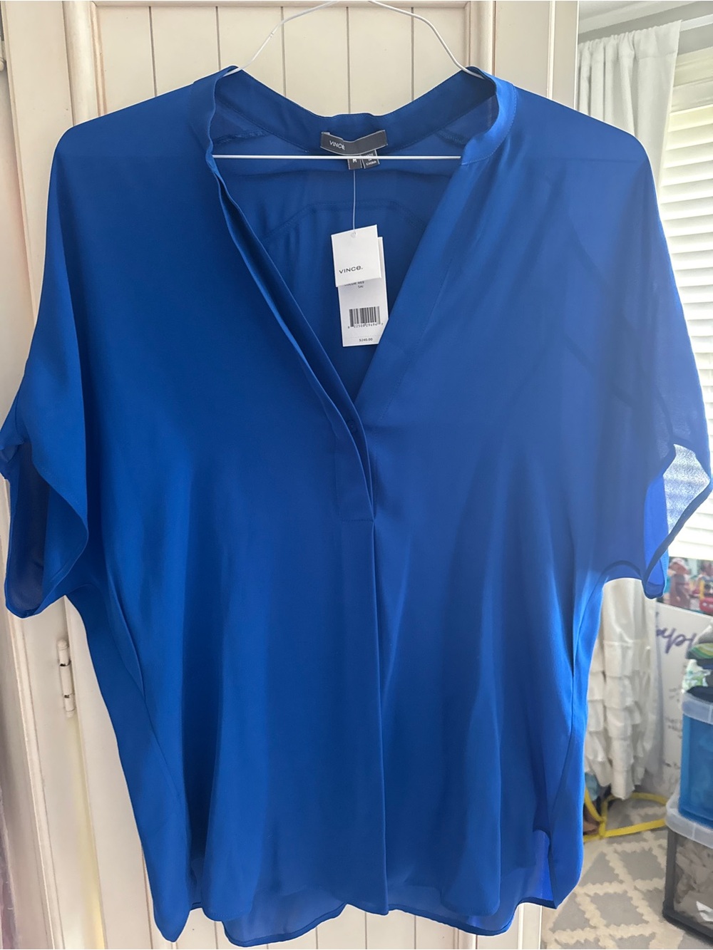Vince Cobalt Blue V-Neck Short Sleeve Blouse